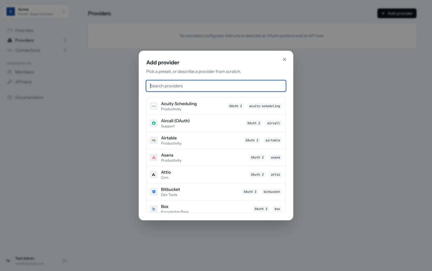 The Add provider picker listing built-in services