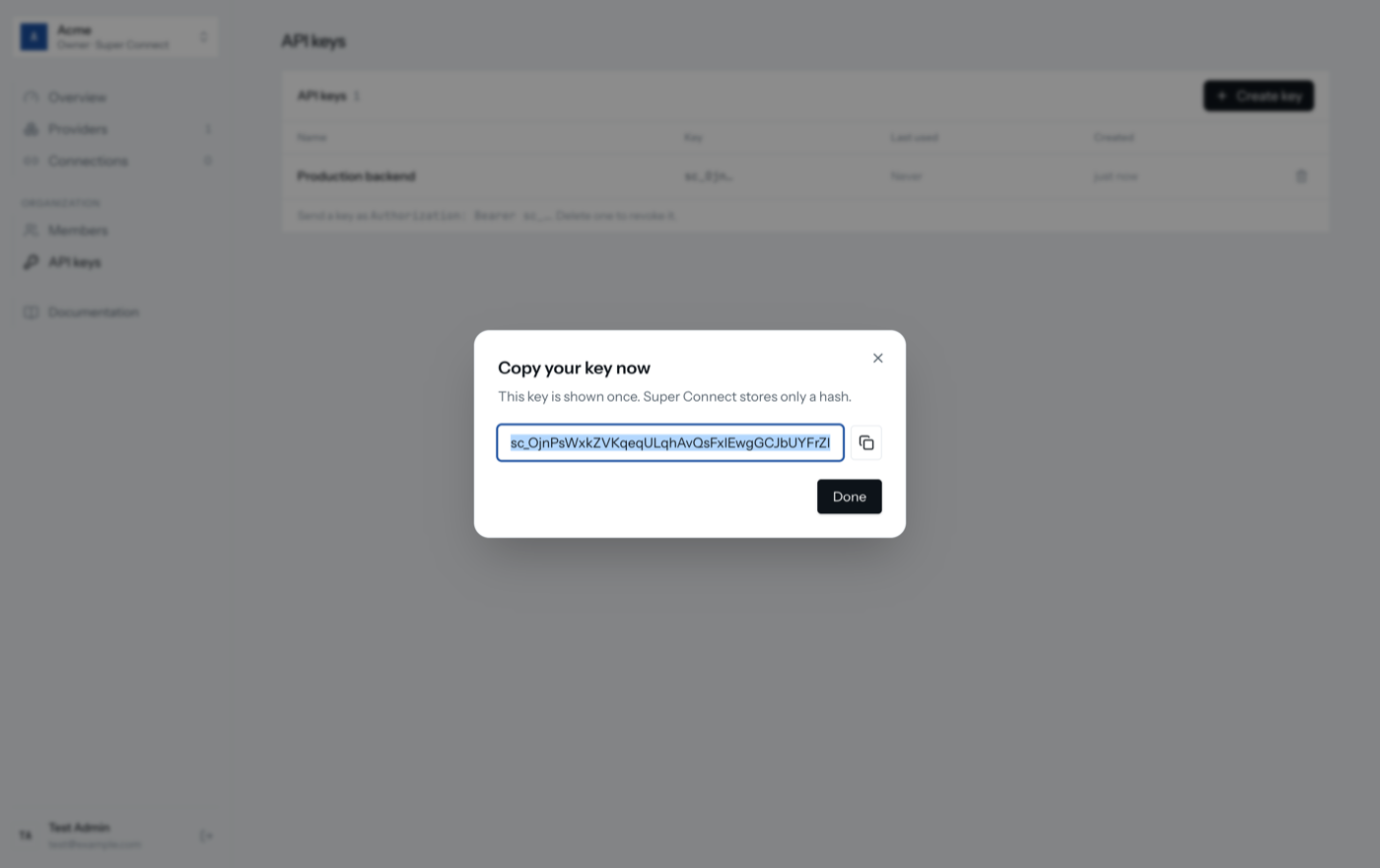 The Copy your key now dialog after creating an API key