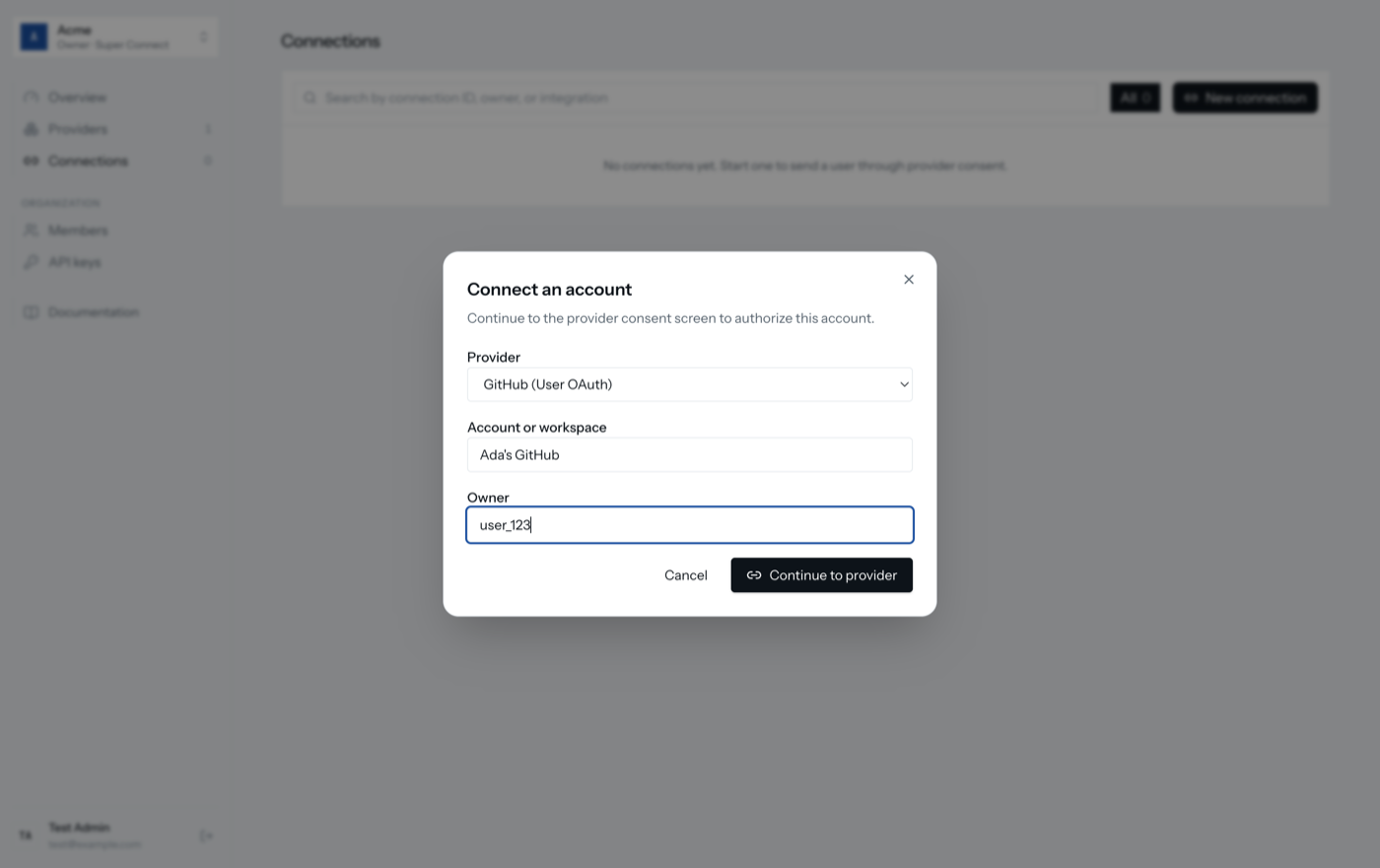 The Connect an account dialog with GitHub selected