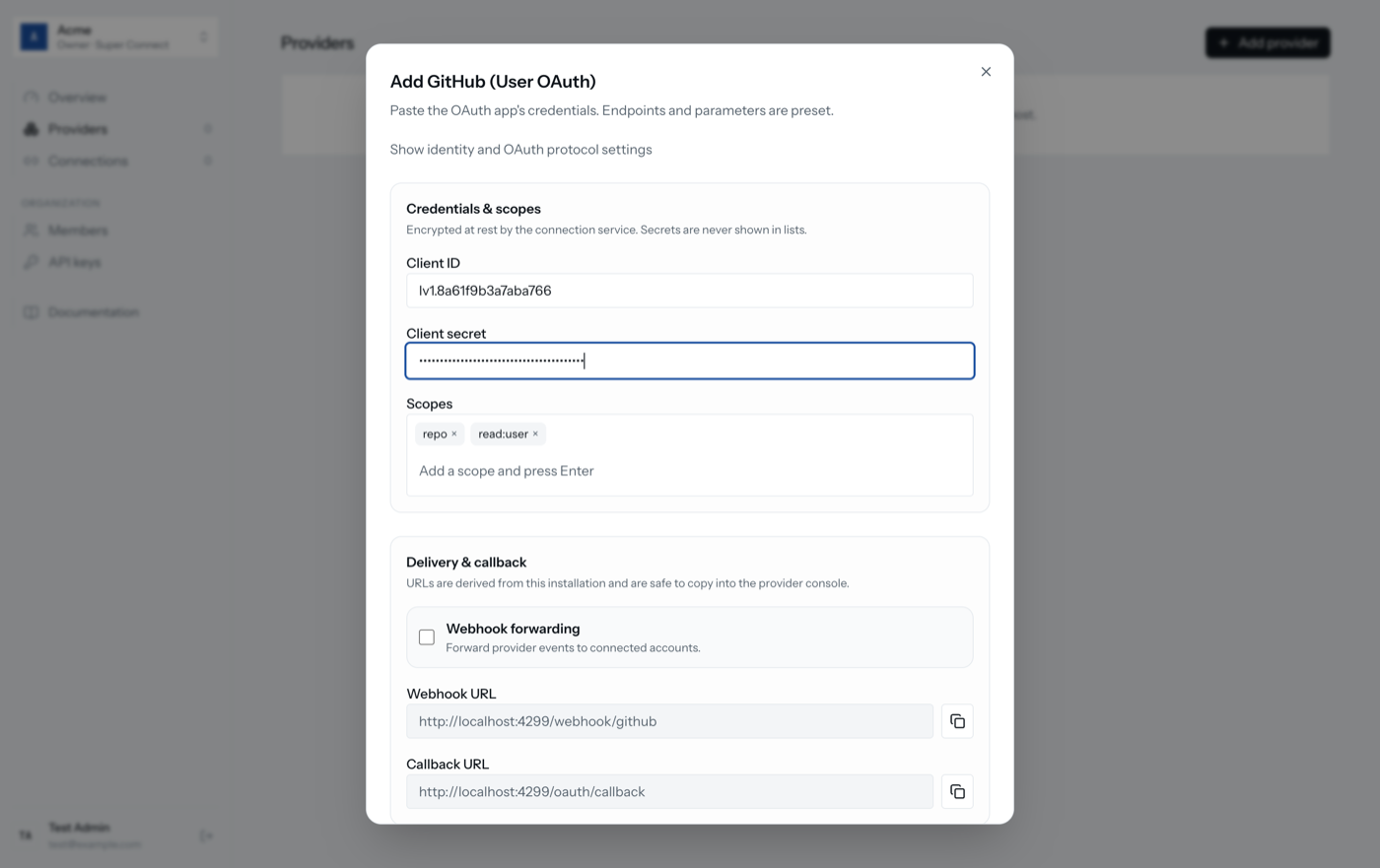 The GitHub provider dialog with client ID, client secret and scopes filled in