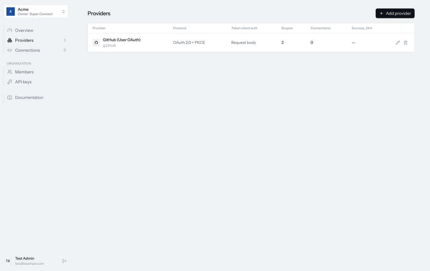 The Providers table with GitHub configured